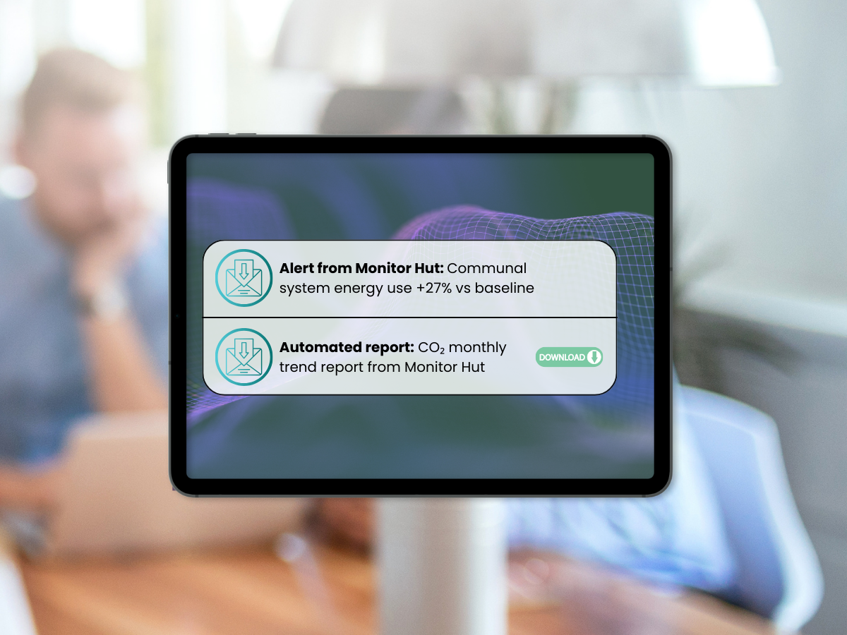 Monitor Hut platform notifications showing energy alerts and automated reports