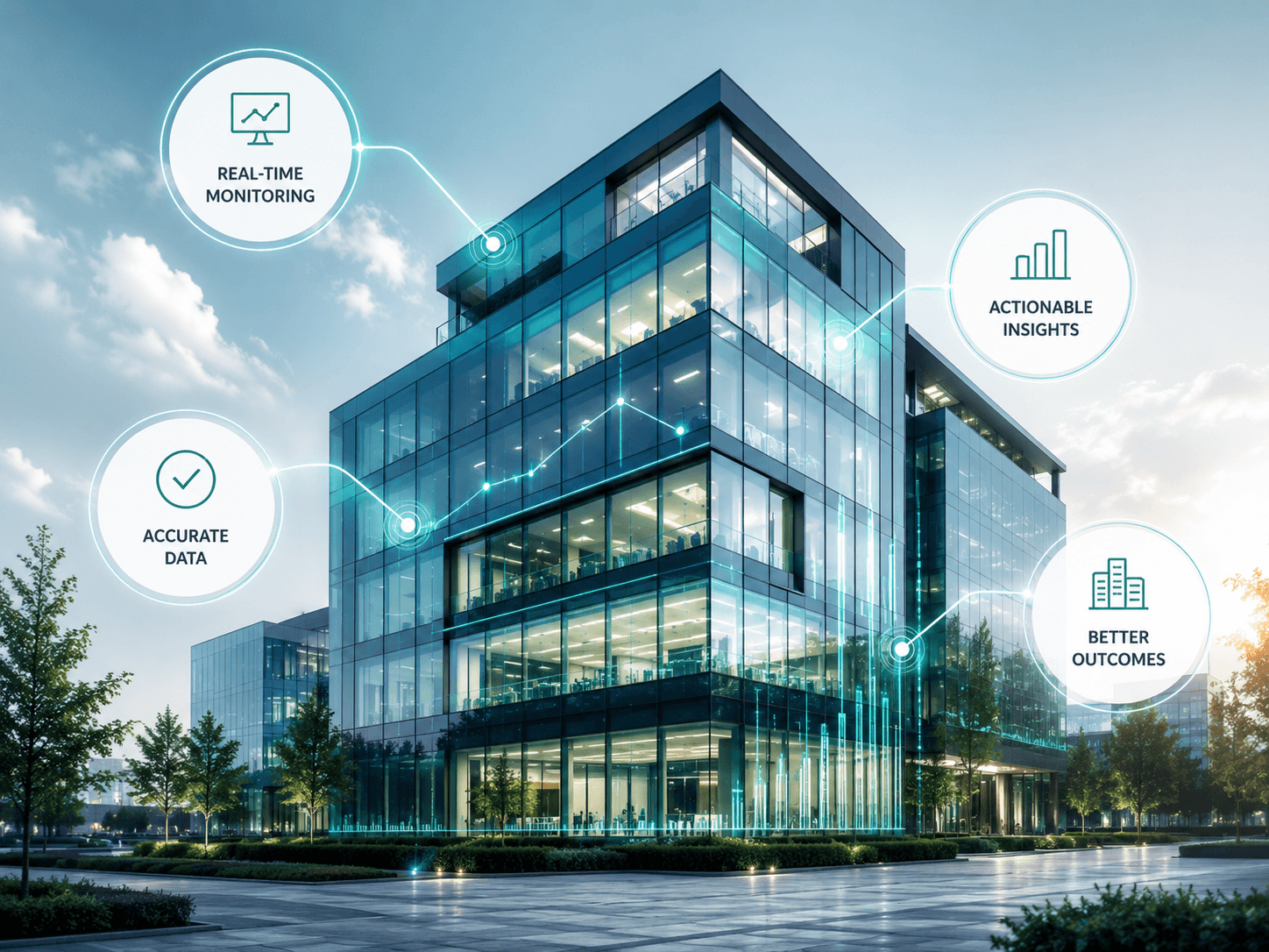 Modern office building with digital energy monitoring callouts for real-time monitoring, accurate data, actionable insights and better outcomes